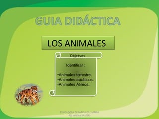 LOS ANIMALES
          Objetivos

       Identificar :

  •Animales terrestre.
  •Animales acuáticos.
  •Animales Aéreos.




   EDUCADORA DE PÁRVULOS : MARIA
         ALEJANDRA BASTÍAS
 