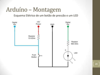 Arduíno – Montagem
  Esquema Elétrico de um botão de pressão e um LED




                                                     20
 