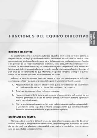 EQUIPO DIRECTIVO
                                                                                                     FUNCIONES DEL
FUNCIONES DEL EQUIPO DIRECTIVO



DIRECTOR DEL CENTRO:
    El Director del centro es la máxima autoridad educativa en el centro por lo que ostenta la
responsabilidad de dirigir y coordinar el servicio de comedor escolar como un servicio com-
plementario que se desarrolla en la mayor parte de las ocasiones en el propio centro. Por ello
y sin perjuicio de las relaciones laborales existentes, en su caso, entre las empresas conce-
sionarias del servicio de comedor y las diferentes categorías del personal, tiene reconocida
la jefatura de todo el personal adscrito al comedor escolar; elabora con el equipo directivo, el
plan anual de funcionamiento del que informará a los padres y madres, y vela por el cumpli-
miento de las normas aplicables a los comedores escolares.
   Además de estas importantes funciones merece la pena que nos detengamos en funcio-
nes más específicas y sin duda imprescindibles para el funcionamiento del servicio:
    1.-	 Asigna la función de cuidador a los docentes que lo hayan solicitado de acuerdo con
         los criterios establecidos en el plan de funcionamiento del comedor.
    2.-	 Autoriza a los usuarios el uso del comedor escolar.
    3.-	 Revisa mensualmente la factura que presenta el concesionario del servicio de los
         importes generados por el uso del servicio por los alumnos con derecho a gratuidad
         total o parcial del servicio.
    4.-	 Si en la prestación del servicio se han observado incidencias en el servicio prestado,
         el Director del centro  expedirá el informe correspondiente, que  remitirá al Director
         Provincial a los efectos de iniciar el procedimiento oportuno.


SECRETARIO DEL CENTRO:
   Corresponde al secretario del centro y, en su caso, al administrador, además de ejercer
cuantas funciones le delegue el director del centro, ordenar el régimen económico del come-
dor escolar, conforme a las instrucciones del director, realizar la contabilidad y rendir cuentas
ante las autoridades correspondientes.


                                                                                               9
 