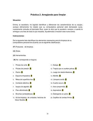 Práctica 2. Arreglando para limpiar
Situación:
Emma, la secretaria, ha logrado identificar y diferenciar las características de su equipo,
aunque últimamente ha notado que su computadora personal está demasiado sucia,
nuevamente consulta al licenciado Ruiz, quien le dice que la ayudará s iempre y cuando le
entregue una lista de todo lo que necesita. Ayudémosla a resolver esta nueva tarea.
Instrucciones:
De la siguiente lista identifique los elementos necesarios para la limpieza de su
computadora personal de acuerdo con la siguiente clasificación:
(P) Productos de limpieza.
(A) Áreas.
(H) Herramientas.
(N) No corresponde a ninguna.
1. Pinzas de corte. H 11. Estopa. H
2. Pinzas de presión. H 12. Trapos que no sueltan pelusa. H
3. Perico. N 13. Juego de destornilladores. H
4. Espuma limpiadora. P 14. Martillo. N
5. Mesa de superficie lisa. A 15. Lámpara sorda. H
6. Contacto eléctrico. H 16. Cuarto oscuro. A
7. Isopos de algodón. H 17. Aire comprimido. H
8. Piso alfombrado. A 18. Aspiradora. H
9. Brochas (antiestáticas). H 19. Detergente en polvo. N
10. Kit de limpieza de unidades. lectoras de 20. Cepillos de cerdas firmes. H
Disco flexible. P
20
 