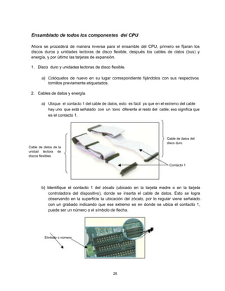 Ensamblado de todos los componentes del CPU
Ahora se procederá de manera inversa para el ensamble del CPU, primero se fijaran los
discos duros y unidades lectoras de disco flexible, después los cables de datos (bus) y
energía, y por último las tarjetas de expansión.
1. Disco duro y unidades lectoras de disco flexible.
a) Colóquelos de nuevo en su lugar correspondiente fijándolos con sus respectivos
tornillos previamente etiquetados.
2. Cables de datos y energía.
a) Ubique el contacto 1 del cable de datos, esto es fácil ya que en el extremo del cable
hay uno que está señalado con un tono diferente al resto del cable; eso significa que
es el contacto 1.
Cable de datos del
disco duro
Cable de datos de la
unidad lectora de
discos flexibles
Contacto 1
b) Identifique el contacto 1 del zócalo (ubicado en la tarjeta madre o en la tarjeta
controladora del dispositivo), donde se inserta el cable de datos. Esto se logra
observando en la superficie la ubicación del zócalo, por lo regular viene señalado
con un grabado indicando que ese extremo es en donde se ubica el contacto 1,
puede ser un número o el símbolo de flecha.
Símbolo o número
28
 