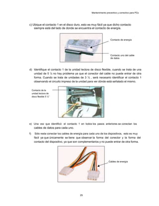 Mantenimiento preventivo y correctivo para PCs
c) Ubique el contacto 1 en el disco duro, esto es muy fácil ya que dicho contacto
siempre está del lado de donde se encuentra el contacto de energía.
Contacto de energía
Contacto uno del cable
de datos
d) Identifique el contacto 1 de la unidad lectora de disco flexible, cuando se trata de una
unidad de 5 ¼ no hay problema ya que el conector del cable no puede entrar de otra
forma. Cuando se trata de unidades de 3 ½ , será necesario identificar el contacto 1
observando el circuito impreso de la unidad para ver dónde está señalado el mismo.
Contacto de la
unidad lectora de
disco flexible 5 ¼”
e) Una vez que identificó el contacto 1 en todos los pasos anteriores se conectan los
cables de datos para cada uno.
f) Sólo resta conectar los cables de energía para cada uno de los dispositivos, esto es muy
fácil ya que únicamente se tiene que observar la forma del conector y la forma del
contacto del dispositivo, ya que son complementarios y no puede entrar de otra forma.
Cables de energía
29
 