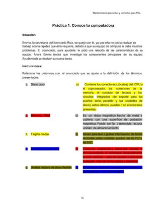 Mantenimiento preventivo y correctivo para PCs
Práctica 1. Conoce tu computadora
Situación:
Emma, la secretaria del licenciado Ruiz, se quejó con él, ya que ella no podía realizar su
trabajo con la rapidez que él lo requería, debido a que su equipo de cómputo le daba muchos
problemas. El Licenciado, para ayudarla, le pidió una relación de las características de su
equipo. Ahora Emma tendrá que investigar los componentes principales de su equipo.
Ayudémosla a resolver su nueva tarea.
Instrucciones:
Relacione las columnas con el enunciado que se ajuste a la definición de los términos
presentados.
1. Disco duro a) Contiene los conectores (zócalos) del CPU y
el coprocesador, los conectores de la
memoria, el contacto del teclado y los
circuitos integrados (de soporte para los
puertos serie, paralelo y las unidades de
disco), estos últimos pueden o no encontrarse
presentes.
2. Memoria RAM b) Es un disco magnético hecho de metal y
cubierto con una superficie de grabación
magnética. Puede ser fijo o removible, es una
unidad de almacenamiento.
3. Tarjeta madre c) Sirven para leer o grabar información de forma
removible, estas unidades pueden ser de 3½” y
de 5¼”.
4. Tarjetas de expansión d) Todos los programas y datos que maneja el
microprocesador se almacenan temporalmente
en esta memoria, c apaz de acceder y almacenar
cualquier dato de forma rápida y aleatoria.
5. Unidad lectora de disco flexible e) Sirven para expandir nuestras posibilidades de
interaccionar con otros medios.
15
 