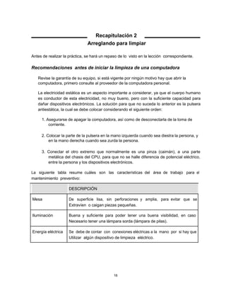 Recapitulación 2
Arreglando para limpiar
Antes de realizar la práctica, se hará un repaso de lo visto en la lección correspondiente.
Recomendaciones antes de iniciar la limpieza de una computadora
Revise la garantía de su equipo, si está vigente por ningún motivo hay que abrir la
computadora, primero consulte al proveedor de la computadora personal.
La electricidad estática es un aspecto importante a considerar, ya que el cuerpo humano
es conductor de esta electricidad, no muy bueno, pero con la suficiente capacidad para
dañar dispositivos electrónicos. La solución para que no suceda lo anterior es la pulsera
antiestática, la cual se debe colocar considerando el siguiente orden:
1. Asegurarse de apagar la computadora, así como de desconectarla de la toma de
corriente.
2. Colocar la parte de la pulsera en la mano izquierda cuando sea diestra la persona, y
en la mano derecha cuando sea zurda la persona.
3. Conectar el otro extremo que normalmente es una pinza (caimán), a una parte
metálica del chasis del CPU, para que no se halle diferencia de potencial eléctrico,
entre la persona y los dispositivos electrónicos.
La siguiente tabla resume cuáles son las características del área de trabajo para el
mantenimiento preventivo:
DESCRIPCIÓN
Mesa De superficie lisa, sin perforaciones y amplia, para evitar que se
Extravíen o caigan piezas pequeñas.
Iluminación Buena y suficiente para poder tener una buena visibilidad, en caso
Necesario tener una lámpara sorda (lámpara de pilas).
Energía eléctrica Se debe de contar con conexiones eléctricas a la mano por si hay que
Utilizar algún dispositivo de limpieza eléctrico.
16
 