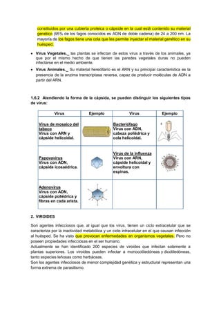 constituidos por una cubierta proteica o cápside en la cual está contenido su material
genético (95% de los fagos conocidos es ADN de doble cadena) de 24 a 200 nm. La
mayoría de los fagos tiene una cola que les permite inyectar el material genético en su
huésped.
 Virus Vegetales._ las plantas se infectan de estos virus a través de los animales, ya
que por el mismo hecho de que tienen las paredes vegetales duras no pueden
infectarse en el medio ambiente.
 Virus Animales._ Su material hereditario es el ARN y su principal característica es la
presencia de la enzima transcriptasa reversa, capaz de producir moléculas de ADN a
partir del ARN.
1.6.2 Atendiendo la forma de la cápsida, se pueden distinguir los siguientes tipos
de virus:
2. VIROIDES
Son agentes infecciosos que, al igual que los virus, tienen un ciclo extracelular que se
caracteriza por la inactividad metabólica y un ciclo intracelular en el que causan infección
al huésped. Se ha visto que provocan enfermedades en organismos vegetales. Pero no
poseen propiedades infecciosas en el ser humano.
Actualmente se han identificado 200 especies de viroides que infectan solamente a
plantas superiores. Los viroides pueden infectar a monocotiledóneas y dicotiledóneas,
tanto especies leñosas como herbáceas.
Son los agentes infecciosos de menor complejidad genética y estructural representan una
forma extrema de parasitismo.
Virus Ejemplo Virus Ejemplo
Virus de mosaico del
tabaco
Virus con ARN y
cápside helicoidal.
Bacteriófago
Virus con ADN,
cabeza poliédrica y
cola helicoidal.
Papovavirus
Virus con ADN,
cápside icosaédrica.
Virus de la influenza
Virus con ARN,
cápside helicoidal y
envoltura con
espinas.
Adenovirus
Virus con ADN,
cápside poliédrica y
fibras en cada arista.
 
