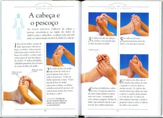 '(;v.t.~·fES DO SAlJ/:.,
----------~--- ¥ ---"----------
REFLEXOLOGIA
A cabe~a e
o pesco~o
As ZONAS REFLEXAS (reflexos) da cabec;a e
pescoc;o encontram-se na reglao dos dedos de
ambos os pes e, alem disso, a cabec;a como um todo
pode ser representada na area do dedao de cada pe.
1Na sola do dedao, a ponta do
dedo representa 0 alto da ca-
bec;ae 0 cerebro, a face externa
representa a face exterior da ca-
bec;ae do cerebro, e a base repre-
senta a parte de trlis da cabec;ae
do cerebro. 0 reflexo da hipofise
(glandula pituiuiria) fica proximo
ao centro do bloco do dedao.
2
Ao redor da base do dedao,
logo acima de onde ele se
junta it planta do pe, fica 0
reflexo do pescoC;o. A base do
dedao representa a nuca. A face
lateral da base do dedao
representa a setima, ou ultima,
vertebra cervical do pescoC;o, por
onde passam muitos dos nervos
dos brac;ose maos.
A ESQUERDA Os dedos dos
pes sCio 0 local dos reflexos da
cabefa e pescofo, indl4.indo
os seios paranasais.
~TES Do S
':> ~ '1- " ~I lJ ~'R
-~A CABE<;:A EO PESCO<;:O
30 reflexo do alto da cabec;ae
do cerebro e encontrado logo
ao lado da unha do dedao.
50s reflexos dos seios
paranasais ficam atras dos
dedos e em suas faces laterais.
4Na frente do dedao fica 0 ref1exo
do rosto. Os aspectos superiores
dos outros dedos tambem se relocio-
nam com 0 rosto - em particular
com os dentes e gengivas. Na basedo
dedao, logoacirnade onde elesejun-
ta ao pe, fica 0 ref1exodo pescoC;o.
60s reflexos dos oUtOSSaDen-
contrados logo abaixo de onde
o segundo e 0 terceiro dedos se
juntam aos pes. Os reflexos dos
ouvidos ficam logo abaixo de onde
o quarto e 0 quinto dedos juntam-
se it sola dos pes. 0 reflexo da
tuba auditiva (que liga 0 ouvido it
garganta) situa-se entre os reflexos
dos olhos e dos ouvidos.
 