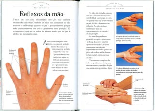 Reflexos da mao
TODOS OS REFLEX OS encontrados nos pes SaG tambem
encontrados nas maos, em bora as maas nao costumem ser ta~
sensiveis a reflexologia quanta os pes - provavelmente parque
estao constantemente em uso e geralmente sem prote{:ao. 0
tratamento e aplicado as maos do mesmo modo que nos pes e
obedece as mesmas tecnicas.
Assim como nos pes, a mao
direita corresponde ao lado
direito do corpo, e a
mao esquerda, ao lado
esquerdo. Uma vez
que as maos sao me-
nores que os pes, os
reflexos sao represen-
tados em areas meno-
res e geralmente sao
mais dificeis de iden-
tificar com precisao.
Reflexos do
sistema
linfaticO-
A ESQUERDA Os re-
flexos encontrados no
dorso do pe podem
tambem ser encontra-
dos nas costas da mao.
As maos SaDtratadas em casos
em que 0 paciente tenha muita
sensibilidade ou c6cegas nos pes,
ou quando nao seja possive! tratar
os pes, devido a ferimentos ou
infecvao. As maos podem
tambem ser uteis no
autotratamento, se for diffcil
alcanvar os pes.
As zonas longitudinais
presentes nos pes, e que correm
ao longo do corpo, tambem
aparecem nas maos. As zonas
transversais nao sao tao
importantes nas maos quanto nos
pes e nao podem ser facilmente
re!acionadas a estrutura 6ssea
da mao.
o tratamento completo das
maos ocupara menos tempo que
urn tratamento completo dos pes,
mas ainda assim pod era ser eficaz.
Lmfonodos
superiores
o reflexo cbJ pulmilo encontra-se na
palma da milo, abaixo cbJs decbJs,
estendendo ..se sabre uma quarta parte cIa
palma.
A ESQUERDA Os
reflexos do sistema
linfeitico encontram~
se nas costas da
milo, atuando desde
a base cbJs decbJs ate
o punho.
 