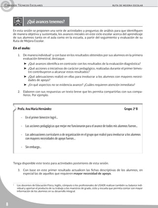 Consejos Técnicos Escolares	 ruta de mejora escolar
8
En esta sesión se proponen una serie de actividades y preguntas de análisis para que identifiquen
de manera objetiva y sustentada, los avances iniciales en este ciclo escolar acerca del aprendizaje
de sus alumnos tanto en el aula como en la escuela, a partir del seguimiento y evaluación de su
Ruta de Mejora Escolar.
En el aula:
1.	 De manera individual1
y con base en los resultados obtenidos por sus alumnos en la primera
evaluación bimestral, destaque:
➤	 ¿Qué avances identifica en contraste con los resultados de la evaluación diagnóstica?
➤	 ¿Qué acciones o iniciativas de carácter pedagógico, realizadas durante el primer bimes-
tre contribuyeron a alcanzar estos resultados?
➤	 ¿Qué adecuaciones realizó en ellas para involucrar a los alumnos con mayores necesi-
dades de apoyo?
➤	 ¿En qué aspectos no se evidencia avance? ¿Cuáles requieren atención inmediata?
2.	 Elaboren con sus respuestas un texto breve que les permita compartirlas con sus compa-
ñeros. Por ejemplo:
¿Qué avances tenemos?
Profa. Ana María Hernández	 Grupo: 2º B
-	 En el primer bimestre logré…
-	 Las acciones pedagógicas que mejor me funcionaron para el avance de todos mis alumnos fueron…
-	 Las adecuaciones curriculares o de organización en el grupo que realicé para involucrar a los alumnos
con mayores necesidades de apoyo fueron...
-	 Sin embargo…
Tenga disponible este texto para actividades posteriores de esta sesión.
3.	 Con base en este primer resultado actualicen las fichas descriptivas de los alumnos, en
especial las de aquellos que requieren mayor necesidad de apoyo.
1
	 Los docentes de Educación Física, Inglés, cómputo o los profesionales de USAER realizan también su balance indi-
vidual y aportan el producto de su trabajo a los maestros de grado, ciclo y escuela que permita contar con mayor
información de los alumnos en su desarrollo integral.
 
