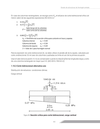 83
Diseño de estructuras de hormigón armado
En caso de columnas rectangulares, se escoge como Vcb
el esfuerzo de corte bidireccional crítico (el
menor valor) de las siguientes expresiones ACI 22.6.5.2
Para la expresión de corte bidireccional (3), se debe utilizar el peralte (d) de la zapata, calculado por
corte unidireccional. En el caso de columnas cuadradas se limita al uso de la primera ecuación.
Usar el valor de la ecuación (1) no es conservador cuando la relación β de las longitudes largo y corto
de una columna rectangular es mayor que 2.0. [ACI 2014, R22.6.5.2]
1.10.3	Corte bidireccional alternativa uno
Distribución de esfuerzos: condiciones últimas
Carga vertical
Figura 49: Sección crítica para corte bidireccional, carga vertical
 