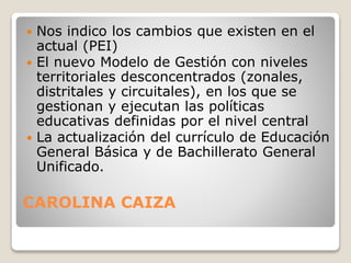 CAROLINA CAIZA
 Nos indico los cambios que existen en el
actual (PEI)
 El nuevo Modelo de Gestión con niveles
territoriales desconcentrados (zonales,
distritales y circuitales), en los que se
gestionan y ejecutan las políticas
educativas definidas por el nivel central
 La actualización del currículo de Educación
General Básica y de Bachillerato General
Unificado.
 
