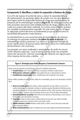E
OD
UC

Componente 2: Identificar y reducir la exposición a factores de riesgo:

ER
O

RR
EP
R

Con el fin de mejorar el control de asma y reducir la necesidad del uso
de medicamentos, los pacientes deben de cumplir con una serie de pasos
para lograr evitar los potenciales factores de riesgo que puedan causar la
presencia de la sintomatología asmática (Figura 4). Sin embargo, muchos de
estos pacientes reaccionan ante múltiples factores de riesgo, muchos de los
cuales son propios del medio ambiente. En muchos casos el lograr evitarlos
por completo es prácticamente imposible. Por este mismo motivo, el lograr
un adecuado control del asma es fundamental ya que así disminuimos la
sensibilidad del paciente a estos factores.

TA
LT

La actividad física es una causa frecuente de exacerbación de síntomas,
sin embargo los pacientes asmáticos no deben de evitar el ejercicio. La
sintomatología podría prevenirse si se utiliza un β2 agonista inhalado de
acción rápida previo al ejercicio (otras alternativas serían los modificadores
de leucotrienos o las cromonas).

DO

NO

Los pacientes con asma moderada o severa deben de recibir la vacuna
contra influenza cada año, o por lo menos cuando exista una campaña
masiva de vacunación. Vacunas inactivadas de influenza son seguras para
niños mayores de tres años y adultos.

L-

Figura 4. Estrategias para Evitar Alergenos y Contaminantes Comunes

TE

RIA

Factores a evitar que mejorarían el control del asma y reducen la necesidad de medicamentos:
	 	
Fumado Tabaco: evite el contacto con el fumado. Los pacientes o familiares no deben de fumar.
	 	
Medicamentos, alimentos y aditivos: evitar aquellos de los que se sabe precipitan los síntomas.
	 	
Sensibilizantes ocupacionales: reducir o preferiblemente evitar la exposición a estos agentes.

MA

Algunas medidas razonables que se pueden evitar y deben de ser recomendadas, pero que no han demostrado un beneficio
clínico:

CO
P

YR
IG

HT

ED

	 	
Ácaros en el polvo casero: lavar sabanas y cobijas semanalmente con agua caliente y secar al sol o en
		 secadora caliente. Colocar las almohadas y colchones en cobertores especiales. Reemplazar las alfombras por piso, 	
		 especialmente en los cuartos. (Si fuera posible utilizar aspiradoras con filtro. Utilizar acaricidas o ácido tánico para 	
		 eliminar los ácaros – asegurarse antes que el paciente no este en casa a la hora de utilizar estos productos).
	 	
Animales domésticos con pelaje: Utilizar filtros de aire. (Remover al animal del hogar, o por lo menos de
		 los dormitorios. Lavar continuamente a la mascota.
	 	
Cucarachas: Limpiar de manera rutinaria y eficiente todos los rincones de las casas. Utilizar insecticidas,
		 sin embargo asegurarse que el paciente no este en casa cuando se utiliza.
	 	
Pólenes exteriores y mohos: Mantener cerradas puertas y ventanas. Tratar de evitar salir cuando existe
		 mayor concentración del polen.
	 	
Mohos intradomiciliarios: reducir la humedad en las casas, limpie cualquier área húmeda frecuentemente.

13

 