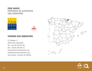 164
PAÍS VASCO
PROVINCIA DE GUIPÚZCOA
SAN SEBASTIÁN
TANDEM SAN SEBASTIÁN
C/ Pasajes, 4
20013 San Sebastián
Tel.: +34 94 332 67 05
Fax: +34 94 329 83 72
www.tandemsansebastian.com
info@tandemsansebastian.com
Otros datos: miembro de FEDELE
 