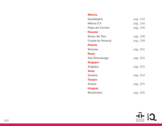 212
México
Guadalajara 			 pág. 193
México D.F. 			 pág. 195
Playa del Carmen 			 pág. 196
Panamá
Bocas del Toro 			 pág. 198
Ciudad de Panamá		 pág. 199
Polonia
Wroclaw				pág. 201
Rusia
San Petersburgo 			 pág. 202
Singapur
Singapur				pág. 203
Suiza
Ginebra 				pág. 204
Turquía
Ankara 				pág. 205
Uruguay
Montevideo 			 pág. 206
 