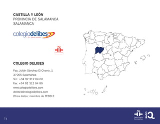 71
CASTILLA Y LEÓN
PROVINCIA DE SALAMANCA
SALAMANCA
COLEGIO DELIBES
Pza. Julián Sánchez El Charro, 1
37005 Salamanca
Tel.: +34 92 312 04 60
Fax: +34 92 312 04 89
www.colegiodelibes.com
delibes@colegiodelibes.com
Otros datos: miembro de FEDELE
 
