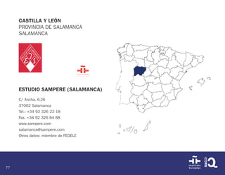 77
CASTILLA Y LEÓN
PROVINCIA DE SALAMANCA
SALAMANCA
ESTUDIO SAMPERE (SALAMANCA)
C/ Ancha, 6-26
37002 Salamanca
Tel.: +34 92 326 22 18
Fax: +34 92 326 84 88
www.sampere.com
salamanca@sampere.com
Otros datos: miembro de FEDELE
 