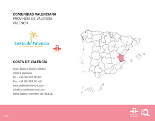 145
COMUNIDAD VALENCIANA
PROVINCIA DE VALENCIA
VALENCIA
COSTA DE VALENCIA
Avda. Blasco Ibáñez, 66-bis
46021 Valencia
Tel.:...