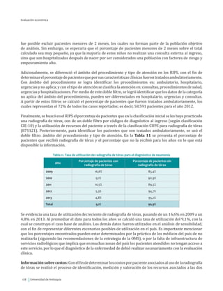 Universidad de Antioquia128
fue posible excluir pacientes menores de 2 meses, los cuales no forman parte de la población objetivo
de análisis. Sin embargo, se esperaría que el porcentaje de pacientes menores de 2 meses sobre el total
calculado sea muy pequeño, ya que la mayoría de estos niños no realizan una consulta externa al ingreso,
sino que son hospitalizados después de nacer por ser considerados una población con factores de riesgo y
empeoramiento alto.
Adicionalmente, se diferenció el ámbito del procedimiento y tipo de atención en los RIPS, con el fin de
determinarelporcentajedepacientesqueporsuscaracterísticasclínicasfuerontratadosambulatoriamente.
Con ámbito del procedimiento se logra identificar los procedimientos en: ambulatorio, hospitalario,
urgencias y no aplica; y con el tipo de atención se clasifica la atención en: consultas, procedimientos de salud,
urgencias y hospitalizaciones. Por medio de este doble filtro, se logró identificar que los datos de la categoría
no aplica del ámbito del procedimiento, pueden ser diferenciados en hospitalario, urgencias y consultas.
A partir de estos filtros se calculó el porcentaje de pacientes que fueron tratados ambulatoriamente, los
cuales representan el 72% de todos los casos reportados; es decir, 58.591 pacientes para el año 2012.
Finalmente,sebuscóenelRIPSelporcentajedepacientesqueenlaclasificacióninicialseleshayapracticado
una radiografía de tórax, con de un doble filtro por códigos de diagnóstico al ingreso (según clasificación
CIE-10) y la utilización de recursos del paciente a través de la clasificación CUPS para radiografía de tórax
(871121). Posteriormente, para identificar los pacientes que son tratados ambulatoriamente, se usó el
doble filtro: ámbito del procedimiento y tipo de atención. En la Tabla 11 se presenta el porcentaje de
pacientes que recibió radiografía de tórax y el porcentaje que no la recibió para los años en lo que está
disponible la información.
Tabla 11. Tasa de utilización de radiografía de tórax para el diagnóstico de neumonía
Año
Porcentaje de pacientes con
radiografía de tórax
Porcentaje de pacientes sin
radiografía de tórax
2009 16,6% 83,4%
2010 9,1% 90,9%
2011 10,5% 89,5%
2012 5,3% 94,7%
2013 4,8% 95,2%
Total 9,1% 90,9%
Se evidencia una tasa de utilización decreciente de radiografía de tórax, pasando de un 16,6% en 2009 a un
4,8% en 2013. Al promediar el dato para todos los años se calculó una tasa de utilización del 9,1%, con la
cual se construyo el caso base de análisis. Los demás datos fueron utilizados en el análisis de sensibilidad,
con el fin de representar diferentes escenarios posibles de utilización en el país. Es importante mencionar
que los porcentajes encontrados pueden estar determinados por la práctica de los médicos del país de no
realizarla (siguiendo las recomendaciones de la estrategia de la OMS), o por la falta de infraestructura de
servicios radiológicos que implica que en muchas zonas del país los pacientes atendidos no tengan acceso a
este servicio, por lo que el diagnóstico de la enfermedad de debió realizar necesariamente con la evaluación
clínica.
Informaciónsobrecostos:Conelfindedeterminarloscostosporpacienteasociadosalusodelaradiografía
de tórax se realizó el proceso de identificación, medición y valoración de los recursos asociados a las dos
Evaluación económica
 