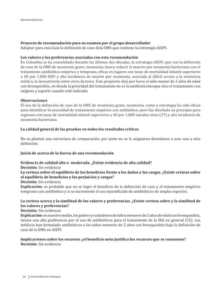 Universidad de Antioquia56
Recomendaciones
Proyecto de recomendación para su examen por el grupo desarrollador
Adoptar para esta Guía la definición de caso dela OMS que contiene la estrategia AIEPI.
Los valores y las preferencias asociadas con esta recomendación
En Colombia se ha consolidado durante las últimas dos décadas, la estrategia AIEPI, que con la definición
de caso de la OMS de neumonía grave, neumonía, busca reducir la muerte por neumonía bacteriana con el
tratamiento antibiótico empírico y temprano, eficaz en lugares con tasas de mortalidad infantil superiores
a 40 por 1.000 RNV y alta incidencia de muerte por neumonía, asociada al difícil acceso a la asistencia
médica, la desnutrición entre otros factores. Este propósito deja por fuera al niño menor de 2 años de edad
con bronquiolitis, en donde la prioridad del tratamiento no es la antibioticoterapia sino el tratamiento con
oxígeno y soporte cuando esté indicado.
Observaciones
El uso de la definición de caso de la OMS de neumonía grave, neumonía, como y estrategia ha sido eficaz
para identificar la necesidad de tratamiento empírico con antibiótico, pero fue diseñada en principio para
regiones con tasas de mortalidad infantil superiores a 40 por 1.000 nacidos vivos (37) y alta incidencia de
neumonía bacteriana.
La calidad general de las pruebas en todos los resultados críticos
No se planteó una estructura de comparación, por tanto no se le asignaron desenlaces a usar una u otra
definición.
Juicio de acerca de la fuerza de una recomendación
Evidencia de calidad alta o moderada. ¿Existe evidencia de alta calidad?
Decisión: Sin evidencia
La certeza sobre el equilibrio de los beneficios frente a los daños y las cargas. ¿Existe certeza sobre
el equilibrio de beneficios y los perjuicios y cargas?
Decisión: Sin evidencia
Explicación: es probable que no se logre el beneficio de la definición de caso y el tratamiento empírico
temprano con antibiótico y si se incremente el uso injustificado de antibióticos de amplio espectro.
La certeza acerca y la similitud de los valores y preferencias. ¿Existe certeza sobre y la similitud de
los valores y preferencias?
Decisión: Sin evidencia
Explicación:ennuestromedio,lospadresycuidadoresdeniñosmenoresde2añosdeedadconbronquiolitis,
tienen una alta preferencia por el uso de antibióticos para el tratamiento de la IRA en general (52). Los
médicos han formulado antibióticos a los niños menores de 2 años con bronquiolitis bajo la definición de
caso de la OMS en AIEPI.
Implicaciones sobre los recursos ¿el beneficio neto justifica los recursos que se consumen?
Decisión: Sin evidencia
 