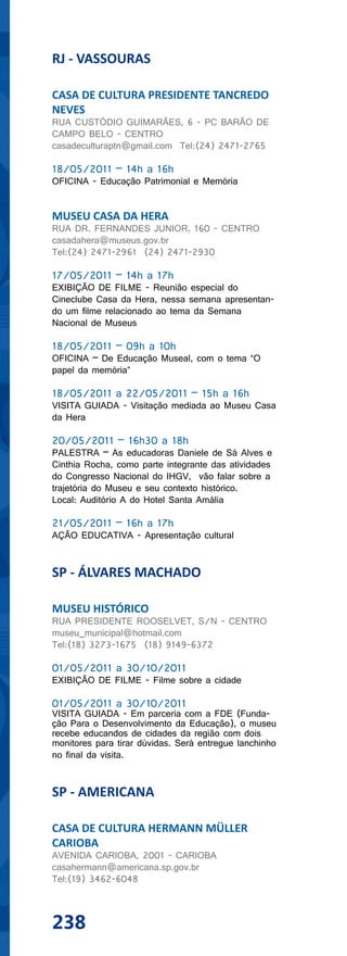 RJ - VASSOURAS

CASA DE CULTURA PRESIDENTE TANCREDO
NEVES
RUA CUSTÓDIO GUIMARÃES, 6 - PC BARÃO DE
CAMPO BELO - CENTRO
casadeculturaptn@gmail.com Tel:(24) 2471-2765

18/05/2011 – 14h a 16h
OFICINA - Educação Patrimonial e Memória


MUSEU CASA DA HERA
RUA DR. FERNANDES JUNIOR, 160 - CENTRO
casadahera@museus.gov.br
Tel:(24) 2471-2961 (24) 2471-2930

17/05/2011 – 14h a 17h
EXIBIÇÃO DE FILME - Reunião especial do
Cineclube Casa da Hera, nessa semana apresentan-
do um filme relacionado ao tema da Semana
Nacional de Museus

18/05/2011 – 09h a 10h
OFICINA – De Educação Museal, com o tema “O
papel da memória”

18/05/2011 a 22/05/2011 – 15h a 16h
VISITA GUIADA - Visitação mediada ao Museu Casa
da Hera

20/05/2011 – 16h30 a 18h
PALESTRA – As educadoras Daniele de Sá Alves e
Cinthia Rocha, como parte integrante das atividades
do Congresso Nacional do IHGV, vão falar sobre a
trajetória do Museu e seu contexto histórico.
Local: Auditório A do Hotel Santa Amália

21/05/2011 – 16h a 17h
AÇÃO EDUCATIVA - Apresentação cultural


SP - ÁLVARES MACHADO

MUSEU HISTÓRICO
RUA PRESIDENTE ROOSELVET, S/N - CENTRO
museu_municipal@hotmail.com
Tel:(18) 3273-1675 (18) 9149-6372

01/05/2011 a 30/10/2011
EXIBIÇÃO DE FILME - Filme sobre a cidade

01/05/2011 a 30/10/2011
VISITA GUIADA - Em parceria com a FDE (Funda-
ção Para o Desenvolvimento da Educação), o museu
recebe educandos de cidades da região com dois
monitores para tirar dúvidas. Será entregue lanchinho
no final da visita.


SP - AMERICANA

CASA DE CULTURA HERMANN MÜLLER
CARIOBA
AVENIDA CARIOBA, 2001 - CARIOBA
casahermann@americana.sp.gov.br
Tel:(19) 3462-6048



238
 