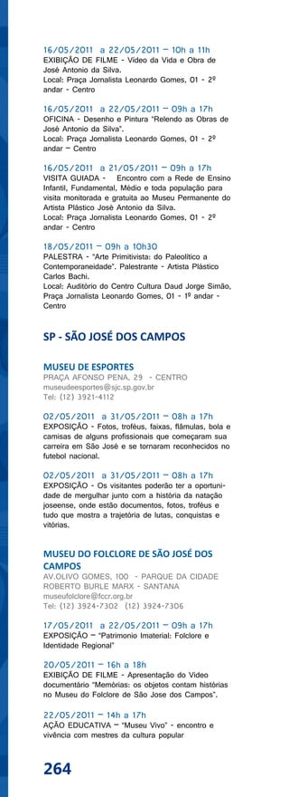16/05/2011 a 22/05/2011 – 10h a 11h
EXIBIÇÃO DE FILME - Vídeo da Vida e Obra de
José Antonio da Silva.
Local: Praça Jornalista Leonardo Gomes, 01 - 2º
andar - Centro

16/05/2011 a 22/05/2011 – 09h a 17h
OFICINA - Desenho e Pintura “Relendo as Obras de
José Antonio da Silva”.
Local: Praça Jornalista Leonardo Gomes, 01 - 2º
andar – Centro

16/05/2011 a 21/05/2011 – 09h a 17h
VISITA GUIADA - Encontro com a Rede de Ensino
Infantil, Fundamental, Médio e toda população para
visita monitorada e gratuita ao Museu Permanente do
Artista Plástico José Antonio da Silva.
Local: Praça Jornalista Leonardo Gomes, 01 - 2º
andar - Centro

18/05/2011 – 09h a 10h30
PALESTRA - “Arte Primitivista: do Paleolítico a
Contemporaneidade”. Palestrante - Artista Plástico
Carlos Bachi.
Local: Auditório do Centro Cultura Daud Jorge Simão,
Praça Jornalista Leonardo Gomes, 01 - 1º andar -
Centro


SP - SÃO JOSÉ DOS CAMPOS

MUSEU DE ESPORTES
PRAÇA AFONSO PENA, 29 - CENTRO
museudeesportes@sjc.sp.gov.br
Tel: (12) 3921-4112

02/05/2011 a 31/05/2011 – 08h a 17h
EXPOSIÇÃO - Fotos, troféus, faixas, flâmulas, bola e
camisas de alguns profissionais que começaram sua
carreira em São José e se tornaram reconhecidos no
futebol nacional.

02/05/2011 a 31/05/2011 – 08h a 17h
EXPOSIÇÃO - Os visitantes poderão ter a oportuni-
dade de mergulhar junto com a história da natação
joseense, onde estão documentos, fotos, troféus e
tudo que mostra a trajetória de lutas, conquistas e
vitórias.


MUSEU DO FOLCLORE DE SÃO JOSÉ DOS
CAMPOS
AV.OLIVO GOMES, 100 - PARQUE DA CIDADE
ROBERTO BURLE MARX - SANTANA
museufolclore@fccr.org.br
Tel: (12) 3924-7302 (12) 3924-7306

17/05/2011 a 22/05/2011 – 09h a 17h
EXPOSIÇÃO – “Patrimonio Imaterial: Folclore e
Identidade Regional”

20/05/2011 – 16h a 18h
EXIBIÇÃO DE FILME - Apresentação do Video
documentário “Memórias: os objetos contam histórias
no Museu do Folclore de São Jose dos Campos”.

22/05/2011 – 14h a 17h
AÇÃO EDUCATIVA – “Museu Vivo” - encontro e
vivência com mestres da cultura popular



264
 