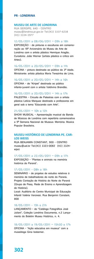 PR - LONDRINA

MUSEU DE ARTE DE LONDRINA
RUA SERGIPE, 640 - CENTRO
museu@londrina.pr.gov.br Tel:(43) 3337-6238
(43) 3334-3977

12/05/2011 a 08/06/2011 – 09h a 18h
EXPOSIÇÃO - de pinturas e esculturas em comemo-
ração ao 18º Aniversário do Museu de Arte de
Londrina com o artista plástico Henrique Aragão.
Curadoria: João Werner (artista plástico e crítico em
Artes).

16/05/2011 a 20/05/2011 – 09h a 11h
OFICINA - pintura destinada ao público da 3ª idade.
Ministrante: artista plástica Maria Terezinha de Lima.

16/05/2011 a 20/05/2011 – 14h a 16h
OFICINA - de “Kiripet” destinada ao público
infanto-juvenil com o artista Valdivino Brandão.

16/05/2011 a 20/05/2011 – 14h a 17h
PALESTRA - Circuito de Palestras com a artista
plástica Letícia Marquez destinado a professores em
geral sob o tema “Educando com Arte”.

21/05/2011 – 10h a 12h
SHOW MUSICAL - Apresentação musical da Banda
de Músicos de Londrina com repertório comemorativo
a 9ª Semana Nacional de Museus: Memória: Musica
Popular Brasileira.


MUSEU HISTÓRICO DE LONDRINA PE. CAR-
LOS WEISS
RUA BENJAMIN CONSTANT, 900 - CENTRO
museu@uel.br Tel:(43) 3323-0082 (43) 3324-
4641

17/05/2011 a 22/05/2011 – 09h a 17h
EXPOSIÇÃO - “Plantas e animais na memória
histórica do Paraná”.

17/05/2011 - 08h a 18h
SEMINÁRIO - de projetos de estudos relativos à
memória de trabalhadores do norte do Paraná.
Projeto Contação de História do Norte do Paraná
(Grupo de Pesq. Rede de Ensino e Aprendizagem
de História).
Local: Auditório do Centro Municipal de Educação
Infantil Valéria Veronesi. Rua Benjamin Constant,
800

18/05/2011 - 19h a 21h
LANÇAMENTO - do “Catálogo Fotográfica José
Juliani”, Coleção Londrina Documenta, n.2 Lança-
mento do Boletim Museu Histórico, n. 4.


18/05/2011 a 19/05/2011 – 15h30 a 17h
OFICINA - “Ação educativa em museus” com a
museóloga Gina Issberner.




302
 