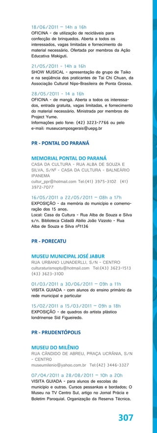 18/06/2011 – 14h a 16h
OFICINA - de utilização de recicláveis para
confecção de brinquedos. Aberta a todos os
interessados, vagas limitadas e fornecimento do
material necessário. Ofertada por membros da Ação
Educativa Makiguti.

21/05/2011 - 14h a 16h
SHOW MUSICAL - apresentação do grupo de Taiko
e na seqüência dos praticantes de Tai Chi Chuan, da
Associação Cultural Nipo-Brasileira de Ponta Grossa.

28/05/2011 - 14 a 16h
OFICINA - de mangá. Aberta a todos os interessa-
dos, entrada gratuita, vagas limitadas, e fornecimento
do material necessário. Ministrada por membros do
Project Yume.
Informações pelo fone: (42) 3223-7766 ou pelo
e-mail: museucamposgerais@uepg.br


PR - PONTAL DO PARANÁ

MEMORIAL PONTAL DO PARANÁ
CASA DA CULTURA - RUA ALBA DE SOUZA E
SILVA, S/Nº - CASA DA CULTURA - BALNEÁRIO
IPANEMA
cultur_ppr@hotmail.com Tel:(41) 3975-3102 (41)
3972-7077

16/05/2011 a 22/05/2011 – 08h a 17h
EXPOSIÇÃO - da memória do município e comemo-
ração dos 15 anos.
Local: Casa da Cultura - Rua Alba de Souza e Silva
s/n. Biblioteca Cidadã Abilio João Vizzoto - Rua
Alba de Souza e Silva nº1136


PR - PORECATU

MUSEU MUNICIPAL JOSÉ JABUR
RUA URBANO LUNADERLLI, S/N - CENTRO
culturaturismoptu@hotmail.com Tel:(43) 3623-1513
(43) 3623-3100

01/03/2011 a 30/06/2011 – 09h a 11h
VISITA GUIADA - com alunos do ensino primário da
rede municipal e particular

15/02/2011 a 15/03/2011 – 09h a 18h
EXPOSIÇÃO - de quadros do artista plástico
londrinense Sid Figueiredo.


PR - PRUDENTÓPOLIS

MUSEU DO MILÊNIO
RUA CÂNDIDO DE ABREU, PRAÇA UCRÂNIA, S/N
- CENTR0
museumilenio@yahoo.com.br Tel:(42) 3446-3327

07/04/2011 a 28/08/2011 – 10h a 20h
VISITA GUIADA - para alunos de escolas do
município e outras. Cursos pessankas e bordados; O
Museu na TV Centro Sul, artigo no Jornal Prácia e
Boletim Paroquial. Organização da Reserva Técnica.



                                              307
 