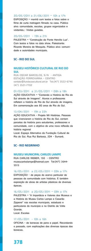 20/05/2011 a 21/06/2011 – 10h a 17h
EXPOSIÇÃO – manhã com textos e fotos sobre o
filme de curta metragem filmado na casa. Público
alvo: comunidade, escolas, grupos organizados e
visitantes.- Visitas guiadas.

20/05/2011 - 19h a 21h
PALESTRA – “Construção da Ponte Hercílio Luz”.
Com textos e fotos no data show. Palestrante:
Ricardo Moreira de Mesquita. Público alvo: comuni-
dade e autoridades municipais.


SC - RIO DO SUL

MUSEU HISTÓRICO CULTURAL DE RIO DO
SUL
RUA OSCAR BARCELOS, S/N - ANTIGA
ESTAÇÃO FERROVIÁRIA - CENTRO
contato@fundacaocultural.art.br Tel:(47) 3522-6746
(47) 3521-7702

01/03/2011 a 31/05/2011 – 08h a 18h
AÇÃO EDUCATIVA – “Contando a História de Rio do
Sul através de Imagens”. Alunos e professores
refletem a história de Rio do Sul através de imagens.
Em comemoração aos 80 anos de Rio do Sul.

13/04/2011 - 19h a 22h
AÇÃO EDUCATIVA - Projeto Mil Histórias. Pessoas
que vivenciaram a história de Rio do Sul, contam
parcelas da história para estudantes, professores e
comunidade, com o objetivo de uma nova reflexão da
história regional
Local: Espaço Alternativo da Fundação Cultural de
Rio do Sul. Rua Rui Barbosa, 204 - Sumaré.


SC - RIO NEGRINHO

MUSEU MUNICIPAL CARLOS LAMPE
RUA CARLOS WEBER, 150 - CENTRO
museucarloslampe@hotmail.com Tel:(47) 3644-
5513

16/05/2011 a 22/05/2011 – 09h a 17h
EXPOSIÇÃO - de peças do acervo particular de
pessoas da comunidade com histórico. E também
exposição de obras de artístas plásticos de diversas
épocas.

16/05/2011 a 20/05/2011 – 09h a 17h
PALESTRA – “A Importâcia e Valores dos Museus e
a História do Museu Carlos Lampe e Casarão
Zipperer” nas escolas municipais, estaduais e
particulares do municipio e no Distrito de Volta
Grande.
Local: Escolas

17/05/2011 - 10h a 16h
OFICINA - de bonecas de pano e papel. Recordando
o passado, com explicações das diversas épocas das
bonecas.




378
 