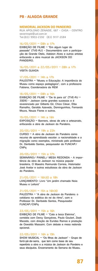 PB - ALAGOA GRANDE

MEMORIAL JACKSON DO PANDEIRO
RUA APOLONIO ZENAIDE, 687 - CASA - CENTRO
severinopb@uol.com.br
Tel:(83) 9903-2392 (83) 9117-3584

16/05/2011 – 08h a 17h
EXIBIÇÃO DE FILME – “Em algum lugar do
passado” (TVE-RJ) - Documentário com a participa-
ção de Grande Otelo, Adelzon Alves e outros artistas
enfocando a obra musical de JACKSON DO
PANDEIRO.

16/05/2011 a 22/05/2011 – 08h a 17h
VISITA GUIADA

17/05/2011 – 14h a 17h
PALESTRA – “Museu e Educação: A importância do
Museu como espaço pedagógico”, com a professora
Fabiana, Coordenadora da REM

18/05/2011 – 08h a 16h
EXIBIÇÃO DE FILME – “De lá para cá” (TVE-RJ –
2009) - Jackson canta grandes sucessos e é
reverenciado por Gilberto Gil, Chico César, Elba
Ramalho, Geraldo Azevedo, Dominguinhos, Fernando
Moura, Neuza Flores e outros.

19/05/2011 – 14h a 16h
EXPOSIÇÃO – Banners, obras de arte e artesanato,
enfocando a obra de Jackson do Pandeiro.

20/05/2011 – 19h a 22h
CURSO – A obra de Jackson do Pandeiro como
recurso de aprendizado escolar: a nacionalidade e a
migração como exemplos, ministrado pelo professor
Dr. Deribaldo Santos, pesquisador da FUNCAP/
CNPq

20/05/2011 – 15h a 17h
SEMINÁRIO/ PAINEL/ MESA REDONDA - A impor-
tância da obra de Jackson na música popular
brasileira. O Maestro Raimundo Correia, Historiador
José Avelar e outros estudiosos da obra de Jackson
do Pandeiro.

21/05/2011 – 16h30 a 18h
LANÇAMENTO- Livro “Um jardim chamado Noia:
Museu e Leitura”

21/05/2011 – 15h a 16h30
PALESTRA – “A obra de Jackson do Pandeiro: o
cotidiano na estética do rei do ritmo”, com o
Professor Dr. Deribaldo Santos, Pesquisador
FUNCAP/CNPq

22/05/2011 – 15h a 16h
EXIBIÇÃO DE FILME – “Cala a boca Etelvina”,
comédia com Dercy Gonçalves, Paulo Goulart, Zezé
Macedo, com direção de Eurides Ramos e produção
de Oswaldo Massaini. Com debate e mesa redonda
opcional.

22/05/2011 – 16h a 19h
SHOW MUSICAL – “Os filhos de Jackson” - Grupo de
forró-pé-de-serra, que tem como base de seu
repertório a obra e a música de Jackson do Pandeiro e
seus discípulos. Encerramento da Semana do Museu.




                                                87
 
