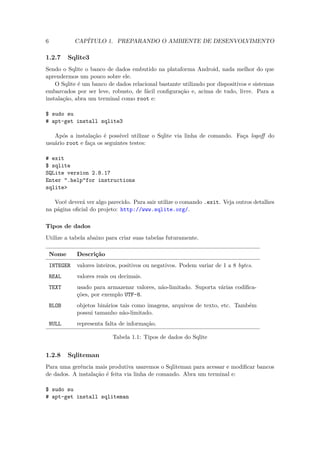 6             CAPÍTULO 1. PREPARANDO O AMBIENTE DE DESENVOLVIMENTO

1.2.7      Sqlite3
Sendo o Sqlite o banco de dados embutido na plataforma Android, nada melhor do que
aprendermos um pouco sobre ele.
    O Sqlite é um banco de dados relacional bastante utilizado por dispositivos e sistemas
embarcados por ser leve, robusto, de fácil conﬁguração e, acima de tudo, livre. Para a
instalação, abra um terminal como root e:

$ sudo su
# apt-get install sqlite3

   Após a instalação é possível utilizar o Sqlite via linha de comando. Faça logoﬀ do
usuário root e faça os seguintes testes:

# exit
$ sqlite
SQLite version 2.8.17
Enter ".help"for instructions
sqlite>

   Você deverá ver algo parecido. Para sair utilize o comando .exit. Veja outros detalhes
na página oﬁcial do projeto: http://www.sqlite.org/.

Tipos de dados
Utilize a tabela abaixo para criar suas tabelas futuramente.

    Nome      Descrição
    INTEGER   valores inteiros, positivos ou negativos. Podem variar de 1 a 8 bytes.
    REAL      valores reais ou decimais.
    TEXT      usado para armazenar valores, não-limitado. Suporta várias codiﬁca-
              ções, por exemplo UTF-8.
    BLOB      objetos binários tais como imagens, arquivos de texto, etc. Também
              possui tamanho não-limitado.
    NULL      representa falta de informação.

                            Tabela 1.1: Tipos de dados do Sqlite


1.2.8      Sqliteman
Para uma gerência mais produtiva usaremos o Sqliteman para acessar e modiﬁcar bancos
de dados. A instalação é feita via linha de comando. Abra um terminal e:

$ sudo su
# apt-get install sqliteman
 