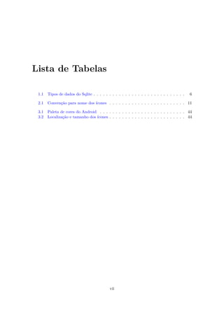 Lista de Tabelas

 1.1   Tipos de dados do Sqlite . . . . . . . . . . . . . . . . . . . . . . . . . . . . .   6

 2.1   Convenção para nome dos ícones . . . . . . . . . . . . . . . . . . . . . . . . 11

 3.1   Paleta de cores do Android . . . . . . . . . . . . . . . . . . . . . . . . . . . 44
 3.2   Localização e tamanho dos ícones . . . . . . . . . . . . . . . . . . . . . . . . 44




                                            vii
 