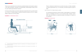 altura máxima de alcance
40
cm
60 cm
70
cm
80
cm
120
cmaltura mínima
de alcance
150 cm
360°
150 cm
Ministerio de Vivienda y Urbanismo Guía de Soluciones Accesibles para Espacios Públicos y Viviendas
CAPÍTULO 1: CONCEPTOS BÁSICOS
29
28
CAPÍTULO
1
Todos los accionamientos de los mobiliarios y artefactos deben ser de presión, palanca
u otro medio automático, ubicados a una profundidad, medida desde el borde, de 40
cm como máximo para facilitar el alcance.6
El alcance vertical desde una silla de ruedas está comprendido entre una altura de 40
cm y 120 cm. El alcance lateral en sentido horizontal se estima en 40 cm, medido
desde el lateral de la silla de ruedas.7
ESQUEMA N° 1 / APROXIMACIÓN A MESAS
6	 Norma NCh 3269. Accesibilidad Universal en la edificación y en los espacios de uso público – Cri-
terios generales de diseño.
7	 Norma NCh 3269. Accesibilidad Universal en la edificación y en los espacios de uso público – Cri-
terios generales de diseño.
Frente a mesones de atención y/o de control de acceso, se debe considerar
un área de aproximación de 1,5 m de frente, de modo de permitir el giro en
360°.
Nota: Ver solución N° 18 / Mesón de atención a público.
En viviendas para personas en silla de ruedas, se debe asegurar una superficie
libre de un diámetro de 150 cm, en los recintos estar, comedor, cocina,
baño, área que enfrenta a la puerta de acceso a la vivienda y, al menos, en
un dormitorio.
ESQUEMA N° 2 / RADIO DE GIRO
 