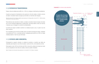 Ministerio de Vivienda y Urbanismo Guía de Soluciones Accesibles para Espacios Públicos y Viviendas
CAPÍTULO 1: CONCEPTOS BÁSICOS
31
30
CAPÍTULO
1
1.1.2 ESPACIO DE TRANSFERENCIA
Espacio libre de obstáculos de 80 cm × 120 cm, contiguo a mobiliarios y/o artefactos.
Cuando se requiera la transferencia de usuarios en silla de ruedas a inodoro y ducha
se deben considerar barras de apoyo que faciliten la maniobra del traspaso.
Nota: Ver solución N° 19 / Servicio higiénico para personas con discapacidad y solución N° 21 / Baño vivienda
de persona con movilidad reducida.
Para efectuar esta maniobra en baños, se deben considerar barras de apoyo ubicadas
en un muro resistente asegurando su estabilidad. Las barras deben contar con ranuras
o texturas que le otorguen la condición antideslizante.
Las barras de apoyo no deben constituir un obstáculo para su uso, ni para el uso de
otros usuarios.
En el receptáculo de la ducha se debe ubicar una barra horizontal de apoyo, instalada
a una altura de 75 cm, y una barra vertical, instalada entre los 80 cm y 140 cm, todas
medidas desde el nivel de piso terminado.
1.1.3 ESPACIO LIBRE HORIZONTAL
Corresponde al espacio ubicado al costado de asientos o escaños que debe ser
reservado para disponer una silla de ruedas, coche de niño u otro elemento similar.
Este espacio mide 120 cm de fondo por 90 cm de ancho y debe ser ubicado de modo
que los respaldos de las sillas de ruedas y bancas queden alineados.
Nota: El espacio libre horizontal tiene aplicación en la solución N° 23 / Bancos o asientos.
ESQUEMA N° 3 / ESPACIO LIBRE HORIZONTAL
El espacio libre horizontal
respecto a un banco debe
proyectarse de tal forma
que los respaldos queden
alineados.
Ruta Accesible
Respaldos alineados Espacio libre
horizontal
Banco o asiento
(Ver solución N° 15)
 