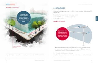 Ministerio de Vivienda y Urbanismo Guía de Soluciones Accesibles para Espacios Públicos y Viviendas
CAPÍTULO 2: ESPACIOS PÚBLICOS Y ÁREAS VERDES
47
46
CAPÍTULO
2
SOLUCIÓN N° 3 / TAPA ALCORQUE
9	 Manual técnico de parques, plazas, áreas verdes y áreas deportivas, Ítem 6.7. Árboles aislados en
zonas de pavimento duro.
2.1.5 PASAMANOS
En rampas cuya longitud sea mayor a 1,50 m, a ambos costados y de dos alturas (95
cm y 70 cm).
En escaleras de evacuación, a lo menos en un costado.
Ver Solución N° 9 / Rampas de desarrollo superior a 150 cm.
Ver Solución N° 10 / Escaleras.
ESQUEMA N° 11 / PASAMANOS
10	 Norma NCh 3269- Subcláusula 5.2.2, Rampas.
11	 Manual de construcción y requisitos mínimos para parques, plazas, áreas verdes y áreas deporti-
vas. 7.1.6, Barandas y pasamanos.
El diseño del tapa
alcorque debe dar
cuenta del diámetro
que podrá alcanzar el
tronco del árbol en edad
adulta9
.
a
b
a. El pasamano debe ser de sección circular, diámetro entre 3 cm y 5 cm, separado del paramento
vertical a una distancia de entre 4,5 cm y 6,5 cm, sin interrupciones10
/ b. Los pasamanos deben
estar separados al menos 4,5 cm de muros y paramentos verticales11
El pasamanos debe
prolongarse 20 cm
como mínimo en los
puntos de entrada y
salida de las rampas.
A nivel del pavimento
adyacente
Ruta accesible
 