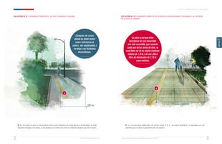 Ministerio de Vivienda y Urbanismo Guía de Soluciones Accesibles para Espacios Públicos y Viviendas
CAPÍTULO 2: ESPACIOS PÚBLICOS Y ÁREAS VERDES
53
52
CAPÍTULO
2
SOLUCIÓN N° 5 / PAVIMENTO PODOTÁCTIL DE GUÍA ALINEADO A SOLERAS SOLUCIÓN N° 6 / PAVIMENTO PODOTÁCTIL DE GUÍA EN CIRCULACIONES PEATONALES AL INTERIOR
DE PLAZAS O PARQUES
Ejemplos de casos
donde se debe tomar
como referencia la
solera, son explanadas o
veredas con fachadas
discontinuas.
a
a. En los casos en que no sea posible tomar como referencia la línea oficial o de fachada, se debe
disponer alineada a la solera, a una distancia no menor de 200 cm medidos desde el eje de la huella.
a
La plaza o parque debe
incorporar en sus recorridos
una ruta accesible, que conecte
cada una de las áreas de éste, la
cual debe ser de un ancho continuo
mínimo de 1,5 m y de una altura
libre de obstáculos de 2,10 m
como mínimo.
a. En circulaciones peatonales de ancho mayor a 3 m, la huella podotáctil va alineada con las
solerillas que confían el pavimento de circulación.
200 cm
Alineada a solerilla
 