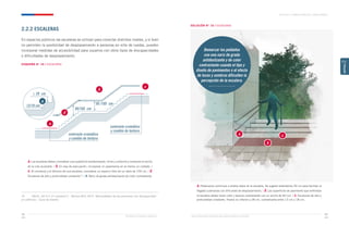 contraste cromático
y cambio de textura
contraste cromático
y cambio de textura
95 /105 cm
≥ 28 cm
13/18 cm
85/105 cm
Ministerio de Vivienda y Urbanismo Guía de Soluciones Accesibles para Espacios Públicos y Viviendas
CAPÍTULO 2: ESPACIOS PÚBLICOS Y ÁREAS VERDES
63
62
CAPÍTULO
2
2.2.2 ESCALERAS
En espacios públicos las escaleras se utilizan para conectar distintos niveles, y si bien
no permiten la posibilidad de desplazamiento a personas en silla de ruedas, pueden
incorporar medidas de accesibilidad para usuarios con otros tipos de discapacidades
o dificultades de desplazamiento.
ESQUEMA N° 16 / ESCALERAS 15
15	 OGUC, Art 4.2.11 numeral 2 – Norma NCh 2077. Necesidades de las personas con discapacidad
en edificios – Guía de diseño.
SOLUCIÓN N° 10 / ESCALERAS
a. Las escaleras deben considerar una superficie antideslizante, firme y uniforme y mantener el ancho
de la ruta accesible. / b. En vías de evacuación, incorporar un pasamanos en al menos un costado. /
c. Al comienzo y al término de una escalera, considerar un espacio libre de un radio de 150 cm. / d.
Escalones de alto y profundidad constante15
. / e. Nariz de grada antideslizante de color contrastante.
a
b
c
e
d
Demarcar los peldaños
con una nariz de grada
antideslizante y de color
contrastante cuando el tipo y
diseño de pavimentos o el efecto
de luces y sombras dificulten la
percepción de la escalera.
a. Pasamanos continuos a ambos lados de la escalera. Se sugiere extenderlos 20 cm para facilitar la
llegada a personas con dificultad de desplazamiento. / b. Las superficies de pavimento que enfrentan
la escalera deben tener color y textura contrastante con un ancho de 60 cm. / c. Escalones de alto y
profundidad constante. Huella no inferior a 28 cm, contrahuella entre 13 cm y 18 cm.
a
b
c
 