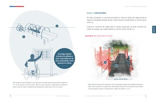 Ancho minimo 90 cm
Ministerio de Vivienda y Urbanismo Guía de Soluciones Accesibles para Espacios Públicos y Viviendas
CAPÍTULO 2: ESPACIOS PÚBLICOS Y ÁREAS VERDES
81
80
CAPÍTULO
2
2.3.5.1.1 CIRCULACIONES
Se debe considerar un recorrido accesible en todos las áreas del juego donde se
realicen actividades propias de este. Este recorrido no podrá tener un ancho menor
a 90 cm.
Cuando el recorrido del juego esté en niveles superiores, se debe conectar por
medio de rampas, las cuales tendrán un ancho mínimo de 90 cm.
SOLUCIÓN N° 16 / CIRCULACIONES ELEVADAS
a
b
a.En juegos de cuerda, trepadores u otros similares, considerar espacios que permitan la integración
y el uso de usuarios en silla de ruedas. / b. Si el juego contempla la posibilidad de transferencia
desde la silla de ruedas, la plataforma de transferencia se debe ubicar a 45 cm de altura.
Si el juego requiere
la lectura de símbolos u
otros, estos deben ser de
color contrastante y estar
impresos en relieve.
a.Considerar un espacio libre horizontal de 150 cm de diámetro en detenciones y plataformas elevadas./
b.En caso de superficies con separaciones, éstas deberán disponerse en forma perpendicular al sentido
del flujo peatonal, asimismo, las separaciones no deben ser mayores a 1,5 cm.
a
b
 