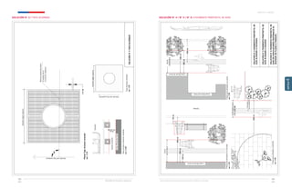 Ministerio de Vivienda y Urbanismo Guía de Soluciones Accesibles para Espacios Públicos y Viviendas
CAPÍTULO 4: ANEXOS
Ministerio de Vivienda y Urbanismo
103
102
CAPÍTULO
4
Variable
según
especie
Sentido
del
flujo
peatonal
Ranuras
perpendiculares
al
sentido
de
la
circulación
peatonal
1.5
cm
90°
Sentido
del
flujo
peatonal
Variable
según
especie
Vereda
existente
Linea
Oficial
de
Cierro
Calzada
Ruta
Accesible
Tapa
alcorque
drenante
esc
1:20
Planta
Tapa
alcorque
ranurado
esc
1:10
Tapa
alcorque
situación
existente
esc
1:100
SOLUCIÓN
N°
3
TAPA
ALCORQUE
400
cm
Línea
Oficial
de
Cierro
100
cm
25
cm
Calzada
RUTA
ACCESIBLE
300
cm
200
cm
200
cm
Línea
Oficial
de
Cierro
Línea
Oficial
de
Cierro
RUTA
ACCESIBLE
300
cm
Alineada
a
la
solerilla
RUTA
ACCESIBLE
MÍN
150
CM
Franja
guía
alineada
a
la
fachada
esc
1:50
Franja
guía
alineada
a
la
solera
esc
1:50
Franja
guía
alineada
a
solerillas
esc
1:50
200
cm
SOLUCIÓN
N°
6
PAVIMENTO
PODOTÁCTIL
DE
GUÍA
EN
CIRCULACIONES
PEATONALES
AL
INTERIOR
DE
PLAZAS
O
PARQUES
SOLUCIÓN
N°
5
PAVIMENTO
PODOTÁCTIL
DE
GUÍA
ALINEADO
A
SOLERAS
SOLUCIÓN
N°
4
PAVIMENTO
PODOTÁCTIL
DE
GUÍA
ALINEADO
A
FACHADAS
SOLUCIÓN N° 3 / TAPA ALCORQUE SOLUCIÓN N° 4 / N° 5 / N° 6 / PAVIMENTO PODOTÁCTIL DE GUÍA
 