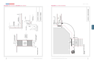 Ministerio de Vivienda y Urbanismo Guía de Soluciones Accesibles para Espacios Públicos y Viviendas
CAPÍTULO 4: ANEXOS
Ministerio de Vivienda y Urbanismo
107
106
CAPÍTULO
4
VAR
1
2
3
4
5
6
7
8
9
Cambio
de
textura
y
contraste
cromático
de
60
cm
60
cm
Peldaños
y
descansos
de
acuerdo
a
OGUC
Franja
de
color
contrastante
dispuesta
en
o
cercana
al
borde
Cambio
de
textura
y
contraste
cromático
de
60
cm
60
cm
Pavimento
con
cambio
de
textura
Baranda
95
cm
Borde
de
30
cm
60
cm
60
cm
30
cm
95
cm
60
cm
VAR
Baranda
Borde
de
30
cm
Pavimento
con
cambio
de
textura
SOLUCIÓN
N°
10
ESCALERAS
SOLUCIÓN
N°
14
TERRAZAS
Planta
escalera
esc
1:50
Planta
terraza
y
escalera
esc
1:50
Corte
terraza
esc
1:50
10
p
<
12%
p < 12%
Líneas
demarcadoras
de
paso
peatonal
200
cm
400
cm
Solera
Solera
Línea
de
edificación
o
fachada
Solera
Solera
Semáforo
120
cm
mín
120
cm
mín
Planta
esquina
rebajes
encajonados
esc
1:100
Líneas
demarcadoras
de
paso
peatonal
SOLUCIÓN
N°
11
REBAJE
ENCAJONADO
SOLUCIÓN N° 10 / ESCALERAS | SOLUCIÓN N° 14 / TERRAZAS SOLUCIÓN N° 11 / REBAJE ENCAJONADO
 