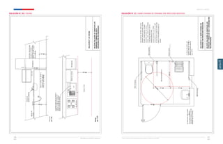 Ministerio de Vivienda y Urbanismo Guía de Soluciones Accesibles para Espacios Públicos y Viviendas
CAPÍTULO 4: ANEXOS
Ministerio de Vivienda y Urbanismo
117
116
CAPÍTULO
4
1
5
0
c
m
Barra
de
apoyo
Barra
abatible
Barra
de
apoyo
90
cm
120
cm
80
cm
Area
de
transferencia
80
cm
Asiento
ducha
Los
accesorios
de
baño,
tales
como
jabonera,
toallero,
perchero,
secador
de
pelo,
dispensadores
de
papel
absorbente,
secador
de
manos,
repisas
u
otros,
deben
ser
instalados
a
una
altura
máxima
de
120
cm,
medidos
desde
el
nivel
de
piso
terminado,
y
no
deben
obstaculizar
la
circulación
o
el
giro
de
una
silla
de
ruedas
al
interior
del
baño,
ni
la
transferencia
hacia
el
inodoro.
El
lavamanos
debe
quedar
a
una
altura
de
80
cm
y
considerar
espacio
libre
de
70
cm
bajo
su
cubierta.
La
altura
del
asiento
del
inodoro
debe
ser
de
46
a
48
cm
medidos
desde
el
piso
(NPT).
SOLUCIÓN
N°
21
BAÑO
VIVIENDA
DE
PERSONA
CON
MOVILIDAD
REDUCIDA
EN
ESTA
SOLUCIÓN
SE
GRAFICAN
LOS
ESPACIOS
Y
ÁREAS
DE
USO
Y
APROXIMACIÓN
RECOMENDADAS
SOLUCIÓN N° 21 / BAÑO VIVIENDA DE PERSONA CON MOVILIDAD REDUCIDA
90
cm
Espacio
libre
Cocina
L.P
Mesón
de
trabajo
Refrigerador
La
grifería
debe
ser
de
presión
o
palanca
y
debe
ubicarse
a
un
máximo
de
45
cm
medidos
desde
el
borde
del
mesón.
70
cm
Cocina
L.P
Mesón
de
trabajo
Refrigerador
Grifería
de
presión
o
palanca
Enchufes,
llaves
de
gas,
de
paso
o
símilares
elementos
o
accesorios,
deben
ubicarse
a
partir
de
los
40
cm.
40
cm
Bajo
el
mesón
de
trabajo
y
lavaplatos
dejar
espacio
libre
con
altura
70
cm.
120
cm
Elevación
esc
1:25
Planta
esc
1:25
SOLUCIÓN
N°
20
COCINA
EN
ESTA
SOLUCIÓN
SE
GRAFICAN
LOS
ESPACIOS
Y
ÁREAS
DE
USO
Y
APROXIMACIÓN
RECOMENDADAS
45
cm
SOLUCIÓN N° 20 / COCINA
 