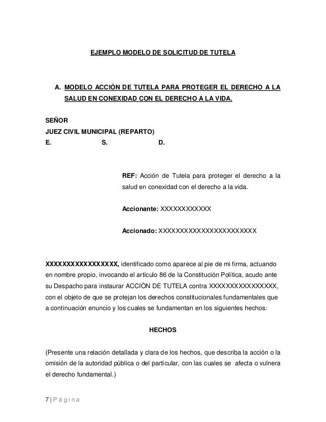 Modelo de acción de tutela ejemplos Modelo de acción de tutela ejemplos