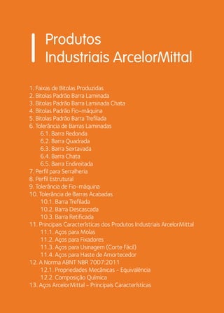 Produtos 
I Industriais ArcelorMittal 
1. Faixas de Bitolas Produzidas 
2. Bitolas Padrão Barra Laminada 
3. Bitolas Padrão Barra Laminada Chata 
4. Bitolas Padrão Fio-máquina 
5. Bitolas Padrão Barra Trefilada 
6. Tolerância de Barras Laminadas 
6.1. Barra Redonda 
6.2. Barra Quadrada 
6.3. Barra Sextavada 
6.4. Barra Chata 
6.5. Barra Endireitada 
7. Perfil para Serralheria 
8. Perfil Estrutural 
9. Tolerância de Fio-máquina 
10. Tolerância de Barras Acabadas 
10.1. Barra Trefilada 
10.2. Barra Descascada 
10.3. Barra Retificada 
11. Principais Características dos Produtos Industriais ArcelorMittal 
11.1. Aços para Molas 
11.2. Aços para Fixadores 
11.3. Aços para Usinagem (Corte Fácil) 
11.4. Aços para Haste de Amortecedor 
12. A Norma ABNT NBR 7007:2011 
12.1. Propriedades Mecânicas - Equivalência 
12.2. Composição Química 
13. Aços ArcelorMittal - Principais Características 
 