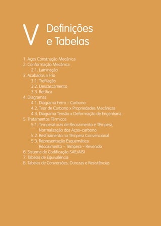 86 
Definições 
V e Tabelas 
1. Aços Construção Mecânica 
2. Conformação Mecânica 
2.1. Laminação 
3. Acabados a Frio 
3.1. Trefilação 
3.2. Descascamento 
3.3. Retífica 
4. Diagramas 
4.1. Diagrama Ferro - Carbono 
4.2. Teor de Carbono x Propriedades Mecânicas 
4.3. Diagrama Tensão x Deformação de Engenharia 
5. Tratamentos Térmicos 
5.1. Temperaturas de Recozimento e Têmpera, 
Normalização dos Aços-carbono 
5.2. Resfriamento na Têmpera Convencional 
5.3. Representação Esquemática: 
Recozimento - Têmpera - Revenido 
6. Sistema de Codificação SAE/AISI 
7. Tabelas de Equivalência 
8. Tabelas de Conversões, Durezas e Resistências 
 