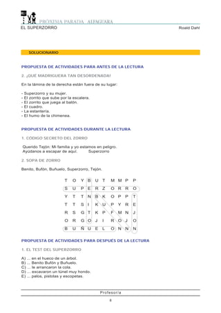 EL SUPERZORRO                                                       Roald Dahl




      SOLUCIONARIO



PROPUESTA DE ACTIVIDADES PARA ANTES DE LA LECTURA

2. ¡QUÉ MADRIGUERA TAN DESORDENADA!

En la lámina de la derecha están fuera de su lugar:

-   Superzorro y su mujer.
-   El zorrito que sube por la escalera.
-   El zorrito que juega al balón.
-   El cuadro.
-   La estantería.
-   El humo de la chimenea.


PROPUESTA DE ACTIVIDADES DURANTE LA LECTURA

1. CÓDIGO SECRETO DEL ZORRO

Querido Tejón: Mi familia y yo estamos en peligro.
Ayúdanos a escapar de aquí.        Superzorro

2. SOPA DE ZORRO

Benito, Bufón, Buñuelo, Superzorro, Tejón.


                          T   O    Y B     U    T   M M P       P

                          S   U    P E     R    Z   O R R       O
                          Y   T    T   N   B    K   O P     P   T

                          T   T    S I     K    U   P   Y   R   E
                          R   S    G T     K    P   F   M N     J

                          O   R    G O     J    I   R   O J     O

                          B   U    Ñ U     E    L   O N N       N

PROPUESTA DE ACTIVIDADES PARA DESPUÉS DE LA LECTURA

1. EL TEST DEL SUPERZORRO

A) ... en el hueco de un árbol.
B) ... Benito Bufón y Buñuelo.
C) ... le arrancaron la cola.
D) ... excavaron un túnel muy hondo.
E) ... palos, pistolas y escopetas.



                                               Profesor/a

                                                    8
 