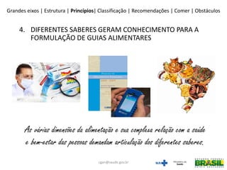 Princípios
As várias dimensões da alimentação e sua complexa relação com a saúde
e bem-estar das pessoas demandam articulação dos diferentes saberes.
4. DIFERENTES SABERES GERAM CONHECIMENTO PARA A
FORMULAÇÃO DE GUIAS ALIMENTARES
Grandes eixos | Estrutura | Princípios| Classificação | Recomendações | Comer | Obstáculos
cgan@saude.gov.br
 