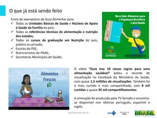 Envio de exemplares do Guia Alimentar para:
 Todas as Unidades Básicas de Saúde e Núcleos de Apoio
à Saúde da Família do país;
 Todas as referências técnicas de alimentação e nutrição
dos estados;
 Todos os cursos de graduação em Nutrição do país,
público ou privado;
 Escolas do PSE;
 Nutricionistas do PNAE;
 Secretarias Municipais de Saúde;
O vídeo “Guia traz 10 novas regras para uma
alimentação saudável” bateu o recorde de
visualização no Facebook do Ministério da Saúde,
com quase 1,5 milhões de visualizações. Também foi
o mais curtido e mais compartilhado, com 8 mil
curtidas e quase 45 mil compartilhamentos.
A animação foi produzida pela TV Senado e encontra-
se disponível non idiomas português, espanhol e
inglês.
O que já está sendo feito
cgan@saude.gov.br
 