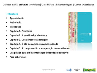 Estrutura
 Apresentação
 Preâmbulo
 Introdução
 Capítulo 1. Princípios
 Capítulo 2. A escolha dos alimentos
 Capítulo 3. Dos alimentos à refeição
 Capítulo 4. O ato de comer e a comensalidade
 Capítulo 5. A compreensão e a superação dos obstáculos
 Dez passos para uma alimentação adequada e saudável
 Para saber mais
Grandes eixos | Estrutura | Princípios| Classificação | Recomendações | Comer | Obstáculos
cgan@saude.gov.br
 