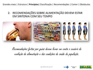 Recomendações feitas por guias devem levar em conta o cenário da
evolução da alimentação e das condições de saúde da população.
2. RECOMENDAÇÕES SOBRE ALIMENTAÇÃO DEVEM ESTAR
EM SINTONIA COM SEU TEMPO
Grandes eixos | Estrutura | Princípios| Classificação | Recomendações | Comer | Obstáculos
cgan@saude.gov.br
 