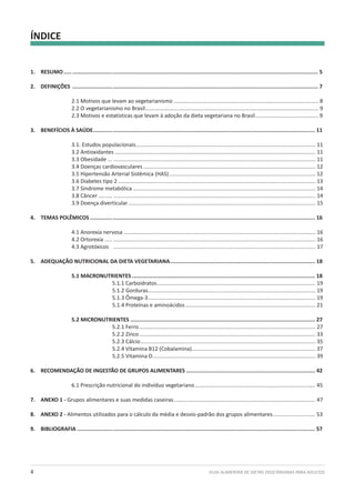 ÍNDICE
GUIA ALIMENTAR DE DIETAS VEGETARIANAS PARA ADULTOS4
1. RESUMO............................................................................................................................................................... 5
2. DEFINIÇÕES .......................................................................................................................................................... 7
2.1 Motivos que levam ao vegetarianismo ................................................................................................ 8
2.2 O vegetarianismo no Brasil................................................................................................................... 9
2.3 Motivos e estatísticas que levam à adoção da dieta vegetariana no Brasil.......................................... 9
3. BENEFÍCIOS À SAÚDE........................................................................................................................................... 11
3.1. Estudos populacionais....................................................................................................................... 11
3.2 Antioxidantes ..................................................................................................................................... 11
3.3 Obesidade ... ...................................................................................................................................... 11
3.4 Doenças cardiovasculares .................................................................................................................. 12
3.5 Hipertensão Arterial Sistêmica (HAS)................................................................................................. 12
3.6 Diabetes tipo 2................................................................................................................................... 13
3.7 Síndrome metabólica ......................................................................................................................... 14
3.8 Câncer ......... ...................................................................................................................................... 14
3.9 Doença diverticular............................................................................................................................ 15
4. TEMAS POLÊMICOS ............................................................................................................................................. 16
4.1 Anorexia nervosa ............................................................................................................................... 16
4.2 Ortorexia ..... ...................................................................................................................................... 16
4.3 Agrotóxicos ...................................................................................................................................... 17
5. ADEQUAÇÃO NUTRICIONAL DA DIETA VEGETARIANA........................................................................................... 18
5.1 MACRONUTRIENTES ................................................................................................................... 18
5.1.1 Carboidratos......................................................................................................... 19
5.1.2 Gorduras............................................................................................................... 19
5.1.3 Ômega-3............................................................................................................... 19
5.1.4 Proteínas e aminoácidos ...................................................................................... 21
5.2 MICRONUTRIENTES .................................................................................................................... 27
5.2.1 Ferro..................................................................................................................... 27
5.2.2 Zinco..................................................................................................................... 33
5.2.3 Cálcio.................................................................................................................... 35
5.2.4 Vitamina B12 (Cobalamina).................................................................................. 37
5.2.5 Vitamina D............................................................................................................ 39
6. RECOMENDAÇÃO DE INGESTÃO DE GRUPOS ALIMENTARES ................................................................................. 42
6.1 Prescrição nutricional do indivíduo vegetariano................................................................................ 45
7. ANEXO 1 - Grupos alimentares e suas medidas caseiras.............................................................................................. 47
8. ANEXO 2 - Alimentos utilizados para o cálculo da média e desvio-padrão dos grupos alimentares............................ 53
9. BIBLIOGRAFIA ..................................................................................................................................................... 57
 