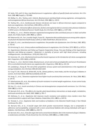 9.BIBLIOGRAFIA
GUIA ALIMENTAR DE DIETAS VEGETARIANAS PARA ADULTOS 59
43. Sacks, F.M. and E.H. Kass, Low blood pressure in vegetarians: effects of specific foods and nutrients. Am J Clin
Nutr,1988.48(3Suppl):p.795-800.
44. Melby, C.L., M.L. Toohey, and J. Cebrick, Blood pressure and blood lipids among vegetarian, semivegetarian,
andnonvegetarianAfricanAmericans.AmJClinNutr,1994.59(1):p.103-9.
45. Toohey, M.L., et al., Cardiovascular disease risk factors are lower in African-American vegans compared to
lacto-ovo-vegetarians.JAmCollNutr,1998.17(5):p.425-34.
46.Williams,P.T.,Interactiveeffectsofexercise,alcohol,andvegetariandietoncoronaryarterydiseaseriskfactors
in9242runners:theNationalRunners'HealthStudy.AmJClinNutr,1997.66(5):p.1197-206.
47. Melby, C.L., et al., Relation between vegetarian/nonvegetarian diets and blood pressure in black and white
adults.AmJPublicHealth,1989.79(9):p.1283-8.
48.PettersenBJ,A.R.,FanJ,Jaceldo-SieglK,FraserGE.,Vegetariandietsandbloodpressureamongwhitesubjects:
resultsfromtheAdventistHealthStudy-2(AHS-2).PublicHealthNutr.2012Jan10:1-8..
49. Ophir, O., et al., Low blood pressure in vegetarians: the possible role of potassium. Am J Clin Nutr, 1983. 37(5):
p.755-62.
50.Armstrong,B.,etal.,Urinarysodiumandbloodpressureinvegetarians.AmJClinNutr,1979.32(12):p.2472-6.
51. Hypertension Detection and Follow-up Program Cooperative Group. Five-year findings of the hypertension
detection and follow-up program. I.Reduction in mortality of person with high blood pressure, including
mildhypertension.JAmMedAssoc.1979;242:2562-2571.
52. Sciarrone, S.E., et al., Biochemical and neurohormonal responses to the introduction of a lacto-ovovegetarian
diet.JHypertens,1993.11(8):p.849-60.
53. Rouse, I.L., et al., Nutrient intake, blood pressure, serum and urinary prostaglandins and serum thromboxane
B2inacontrolledtrialwithalacto-ovo-vegetariandiet.JHypertens,1986.4(2):p.241-50.
54. Landsberg L, Young JB. The role of the sympathetic nervous system and catecholamines in the regulation of
energymetabolism.AmJClinNutr.1983;38:1018-1024.
55. Fung TT, S.M., Manson JE, Willett WC, Hu FB., Dietary patterns, meat intake, and the risk of type 2 diabetes in
women.ArchInternMed.2004Nov8;164(20):2235-40.
56. Hung, C.J., et al., Taiwanese vegetarians have higher insulin sensitivity than omnivores. Br J Nutr, 2006. 95(1):
p.129-35.
57. Valachovicova, M., et al., No evidence of insulin resistance in normal weight vegetarians. A case control study.
EurJNutr,2006.45(1):p.52-4.
58. Kuo, C.S., et al., Insulin sensitivity in Chinese ovo-lactovegetarians compared with omnivores. Eur J Clin Nutr,
2004.58(2):p.312-6.
59. Barnard, N.D., et al., The effects of a low-fat, plant-based dietary intervention on body weight, metabolism,
andinsulinsensitivity.AmJMed,2005.118(9):p.991-7.
60. Kahleova, H., et al., Vegetarian diet improves insulin resistance and oxidative stress markers more than
conventionaldietinsubjectswithType2diabetes.DiabetMed,2011.28(5):p.549-59.
61. Tonstad, S., et al., Vegetarian diets and incidence of diabetes in the Adventist Health Study-2. Nutr Metab
CardiovascDis,2011.
62. Barnard, N.D., et al., A low-fat vegan diet elicits greater macronutrient changes, but is comparable in
adherence and acceptability, compared with a more conventional diabetes diet among individuals with type 2
diabetes.JAmDietAssoc,2009.109(2):p.263-72.
63. Barnard, N.D., et al., A low-fat vegan diet and a conventional diabetes diet in the treatment of type 2 diabetes:
arandomized,controlled,74-wkclinicaltrial.AmJClinNutr,2009.89(5):p.1588S-1596S.
 