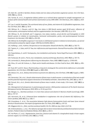 9.BIBLIOGRAFIA
GUIA ALIMENTAR DE DIETAS VEGETARIANAS PARA ADULTOS 63
125. Ball, M.J. and M.A. Bartlett, Dietary intake and iron status of Australian vegetarian women. Am J Clin Nutr,
1999.70(3):p.353-8.
126. Farmer, B., et al., A vegetarian dietary pattern as a nutrient-dense approach to weight management: an
analysisofthenationalhealthandnutritionexaminationsurvey1999-2004.JAmDietAssoc,2011.111(6):p.819-
27.
127. Lee, Y. and M. Krawinkel, The nutritional status of iron, folate, and vitamin B-12 of Buddhist vegetarians. Asia
PacJClinNutr,2011.20(1):p.42-9.
128. Milman, N., J. Clausen, and K.E. Byg, Iron status in 268 Danish women aged 18-30 years: influence of
menstruation,contraceptivemethod,andironsupplementation.AnnHematol,1998.77(1-2):p.13-9.
129. Milman, N., M. Kirchhoff, and T. Jorgensen, Iron status markers, serum ferritin and hemoglobin in 1359
Danish women in relation to menstruation, hormonal contraception, parity, and postmenopausal hormone
treatment.AnnHematol,1992.65(2):p.96-102.
130. Milman N, Kirchhoff M, Jorgensen T. Iron levels in 1359 Danish women in relation to menstruation, use of oral
contraceptivesandparity.UgeskrLaeger.1993Nov8;155(45):3661-5.
131.Hallberg,L.andL.Hulthen,Perspectivesonironabsorption.BloodCellsMolDis,2002.29(3):p.562-73.
132. Tapiero, H., L. Gate, and K.D. Tew, Iron: deficiencies and requirements. Biomed Pharmacother, 2001. 55(6): p.
324-32.
133. Papanikolaou, G. and K. Pantopoulos, Iron metabolism and toxicity. Toxicol Appl Pharmacol, 2005. 202(2): p.
199-211.
134.Fontecave,M.andJ.L.Pierre,Iron:metabolism,toxicityandtherapy.Biochimie,1993.75(9):p.767-73.
135.Lonnerdal,B.,Dietaryfactorsinfluencingzincabsorption.JNutr,2000.130(5SSuppl):p.1378S-83S.
136. Zhou, J.R. and J.W. Erdman, Jr., Phytic acid in health and disease. Crit Rev Food Sci Nutr, 1995. 35(6): p. 495-
508.
137. Ruel, M.T. and H.E. Bouis, Plant breeding: a long-term strategy for the control of zinc deficiency in vulnerable
populations.AmJClinNutr,1998.68(2Suppl):p.488S-494S.
138. Gibson, R.S., et al., Dietary interventions to prevent zinc deficiency. Am J Clin Nutr, 1998. 68(2 Suppl): p. 484S-
487S.
139. Slemenda, C.W., et al., Genetic determinants of bone mass in adult women: a reevaluation of the twin model
andthepotentialimportanceofgeneinteractiononheritabilityestimates.JBoneMinerRes,1991.6(6):p.561-7.
140. Pocock, N.A., et al., Genetic determinants of bone mass in adults. A twin study. J Clin Invest, 1987. 80(3): p.
706-10.
141. Management of osteoporosis in postmenopausal women: 2010 position statement of The North American
MenopauseSociety.Menopause,2010.17(1):p.25-54;quiz55-6.
142. Morgan, S.L., Nutrition and bone: it is more than calcium and vitamin D. Womens Health (Lond Engl), 2009.
5(6):p.727-37.
143. Herrmann, W., et al., Enhanced bone metabolism in vegetarians--the role of vitamin B12 deficiency. Clin
ChemLabMed,2009.47(11):p.1381-7.
144. Krivosikova, Z., et al., The association between high plasma homocysteine levels and lower bone mineral
densityinSlovakwomen:theimpactofvegetariandiet.EurJNutr,2010.49(3):p.147-53.
145.MiggianoGA,G.L.,[Diet,nutritionandbonehealth].ClinTer.2005Jan-Apr;156(1-2):47-56.
146. Ambroszkiewicz,J., et al.,The influence of vegan diet on bone mineraldensity and biochemical bone turnover
markers.PediatrEndocrinolDiabetesMetab,2010.16(3):p.201-4.
147. Ho-Pham, L.T., et al., Vegetarianism, bone loss, fracture and vitamin D: a longitudinal study in Asian vegans
andnon-vegans.EurJClinNutr,2012.66(1):p.75-82.
 
